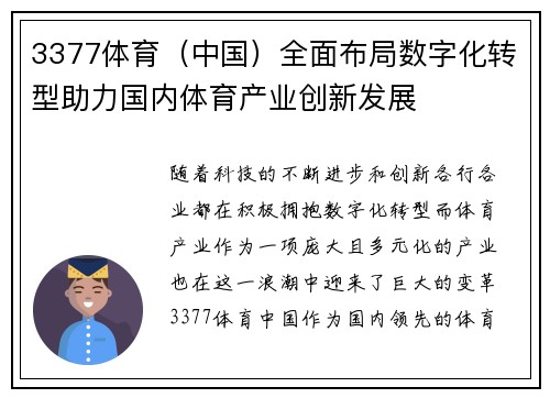 3377体育（中国）全面布局数字化转型助力国内体育产业创新发展
